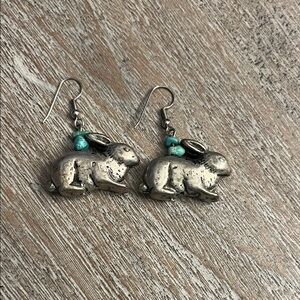 Silver pewter Rabbit Earrings with Turquoise Accents